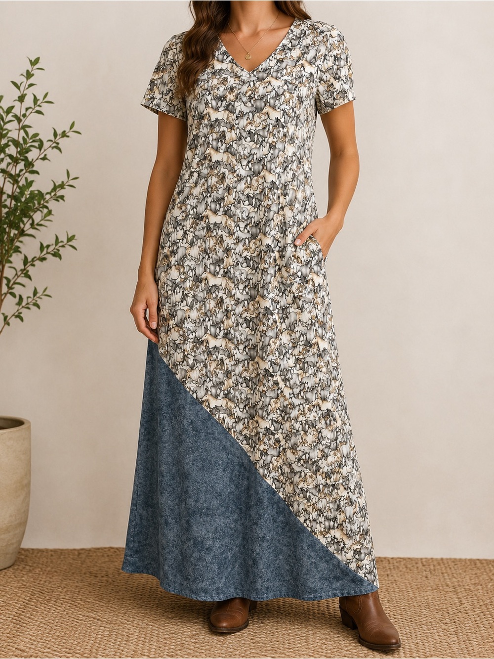 Vintage Horse Print Maxi Dress Handmade Western Equestrian Size 6